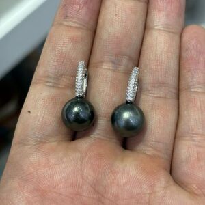 Black Tahitian Pearl Drop Earrings with Pavé Accents